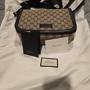 Gucci Beige GG Supreme Crossbody with Brown Leather Trim